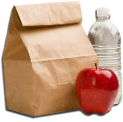 Lunch sack, apple and water bottle